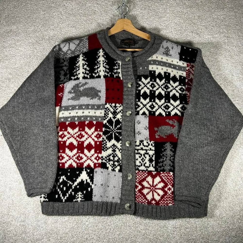 Vintage Men's Eddie Bauer 100% wool grey patterned cardigan knit sweater Size XL